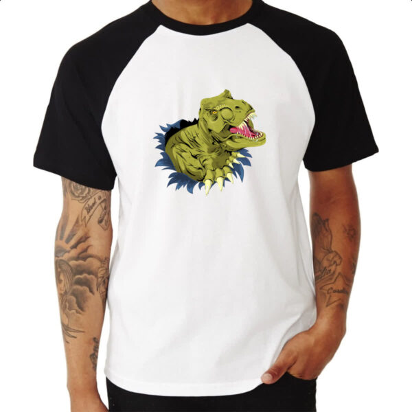 Camiseta Raglan Tiranossauro Rex Rasgando a Camisa - Imagem 3