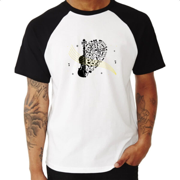 Camiseta Raglan Violino Silhueta Elementos Musicais - Imagem 3