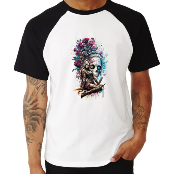 Camiseta Raglan Catrina Rosas Splash Art - Imagem 3