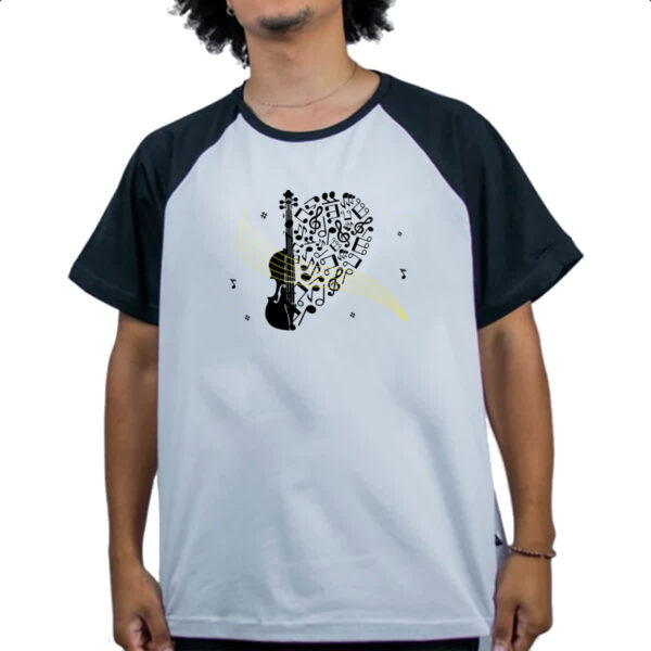 Camiseta Raglan Violino Silhueta Elementos Musicais - Imagem 4