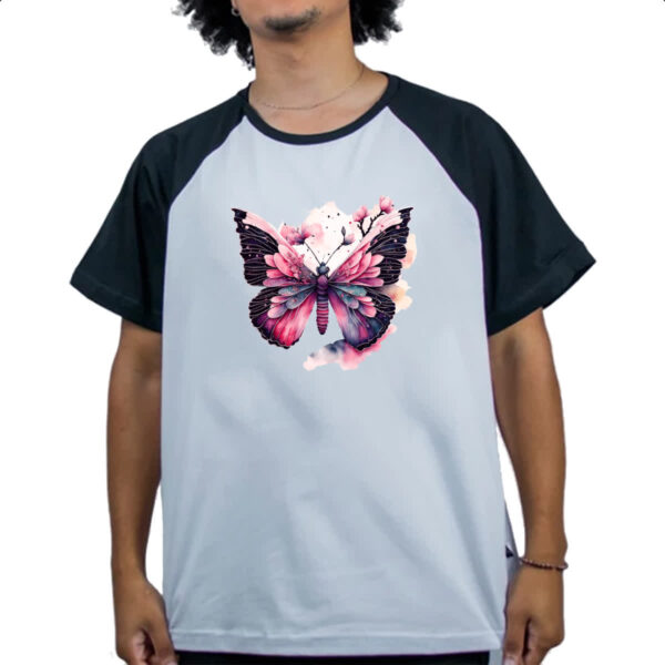 Camiseta Raglan Borboleta com flores rosas - Imagem 4
