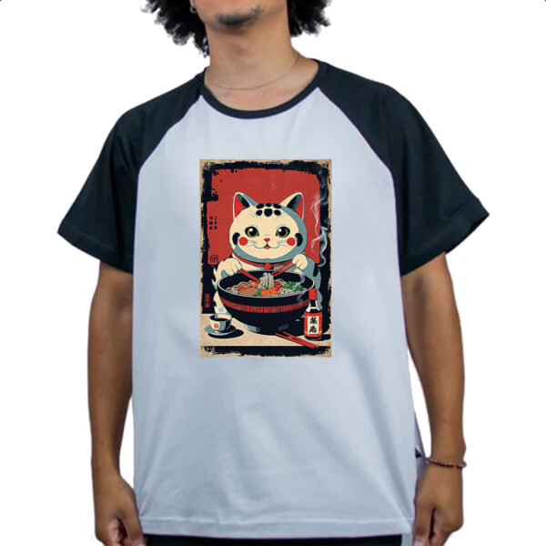 Camiseta Raglan Gato Maneki-neko vintage lamen - Imagem 4