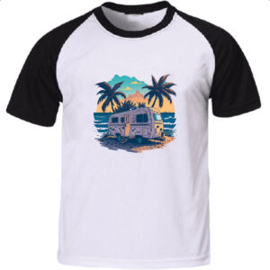 Camiseta Raglan Trailer Acampamento Sunset