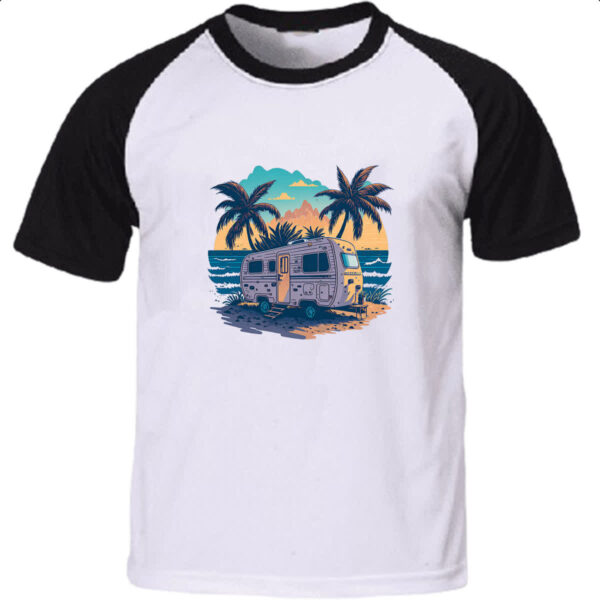 Camiseta Raglan Trailer Acampamento Sunset