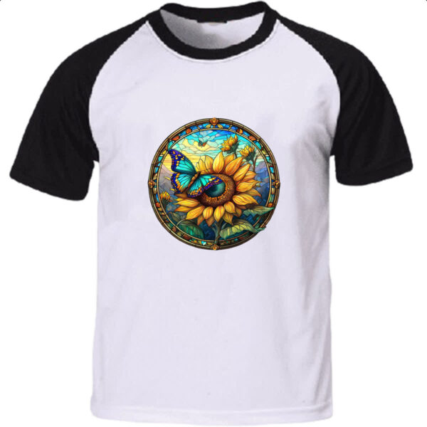 Camiseta Raglan Vitral Borboleta e Girassol