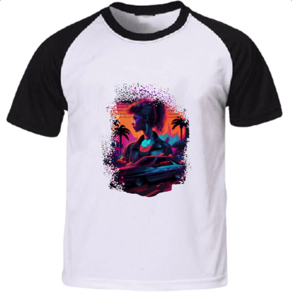 Camiseta Raglan Girl Muscle Car Neon Art