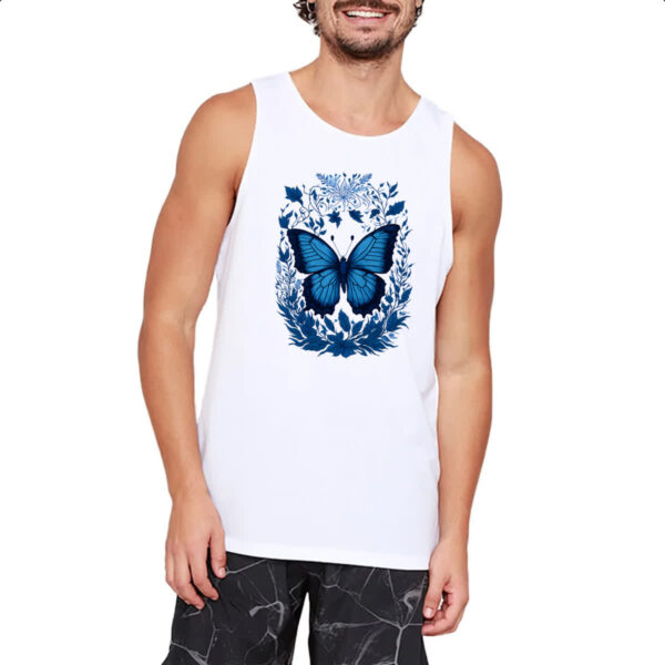 Camiseta Regata Borboleta azul com flores e folhas - Imagem 2