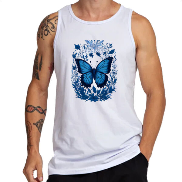 Camiseta Regata Borboleta azul com flores e folhas - Imagem 3