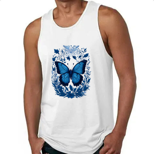 Camiseta Regata Borboleta azul com flores e folhas - Imagem 4