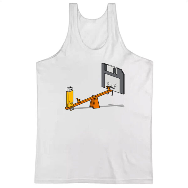 Camiseta Regata TI pendriver e disquete na gangorra