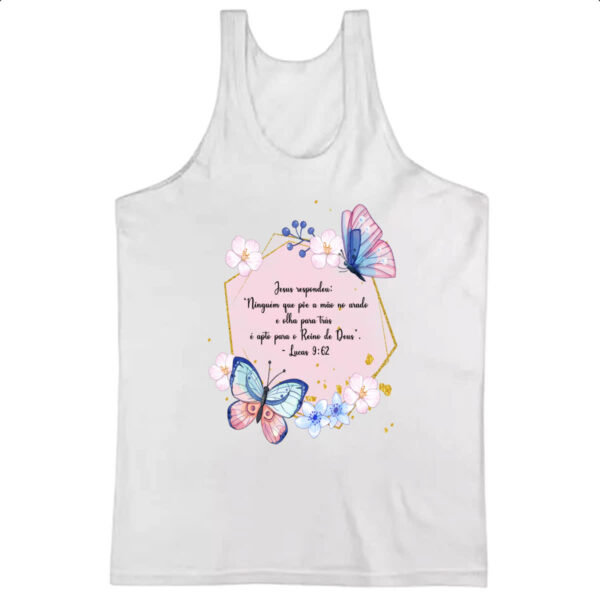 Camiseta Regata Versiculo Moldurado Ninguem poe a mao no arado