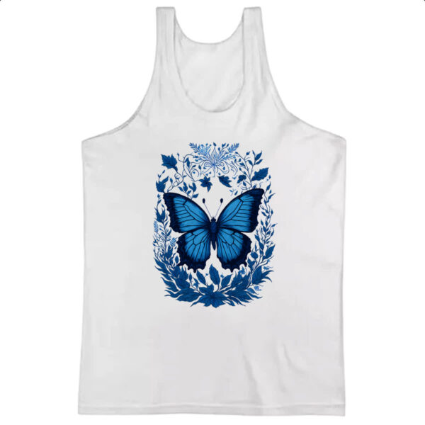 Camiseta Regata Borboleta azul com flores e folhas