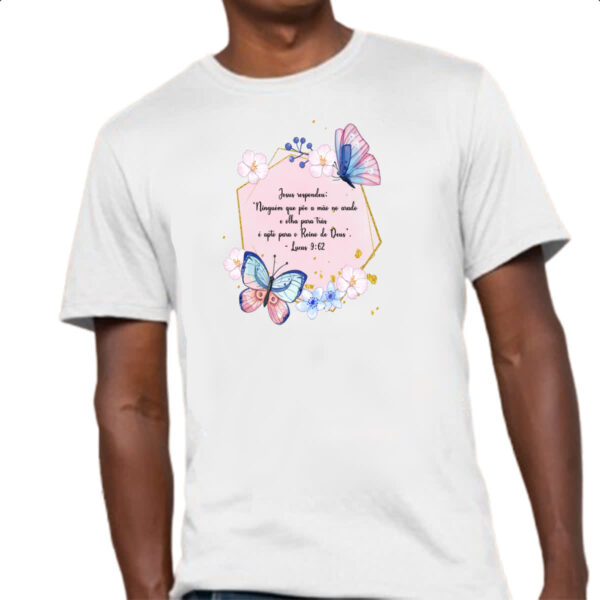 Camiseta Unissex Versiculo Moldurado Ninguem poe a mao no arado - Imagem 4