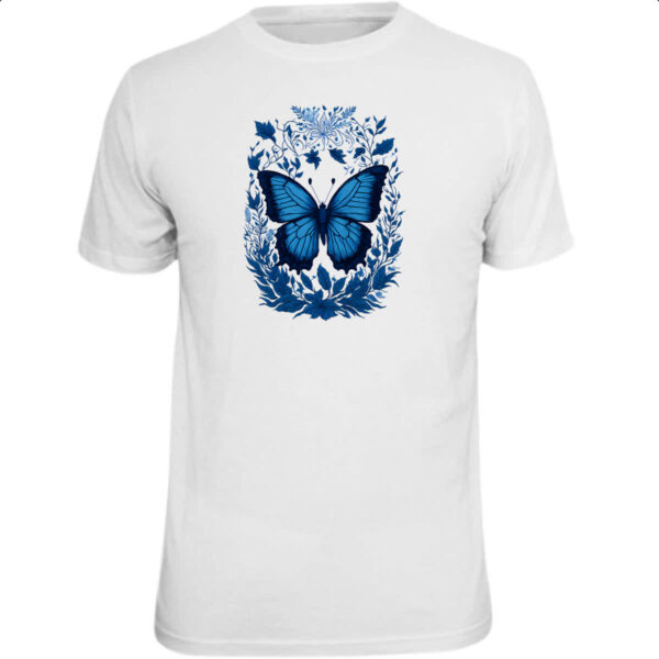Camiseta Unissex Borboleta azul com flores e folhas