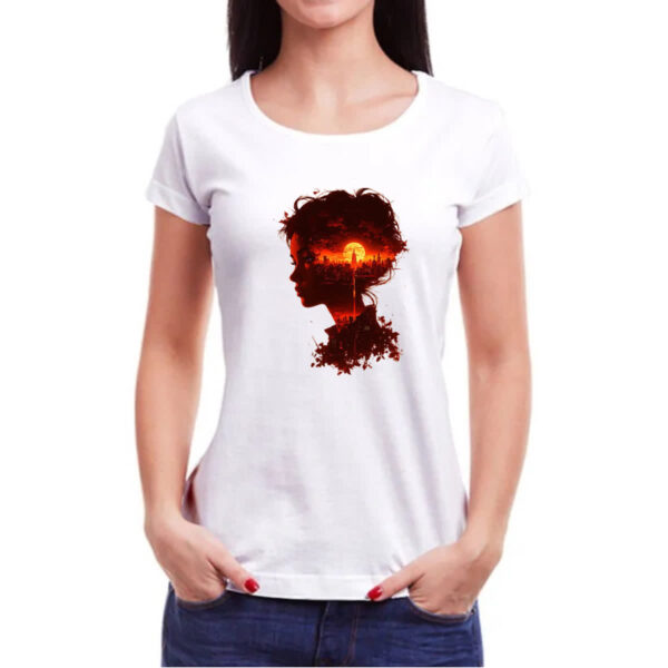 Camiseta Baby Look Silueta feminina sunset red art - Imagem 3