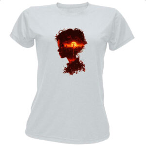 Camiseta Baby Look Silueta feminina sunset red art