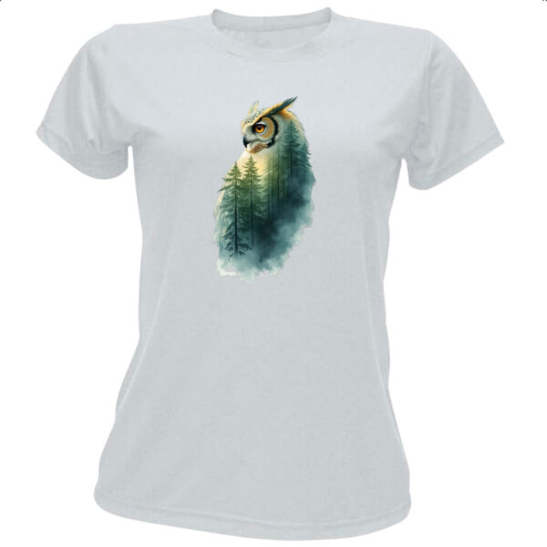 Camiseta Baby Look Coruja e Floresta dupla exposicao