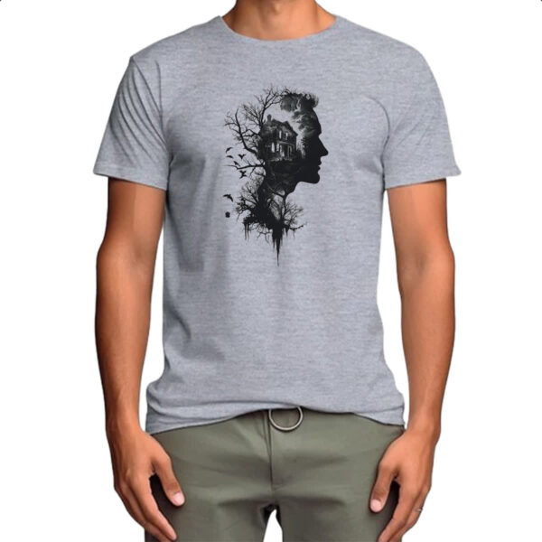 Camiseta Cinza Silhueta Cabana na Floresta - Imagem 4