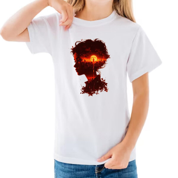 Camiseta Infanto Juvenil Silueta feminina sunset red art - Imagem 3