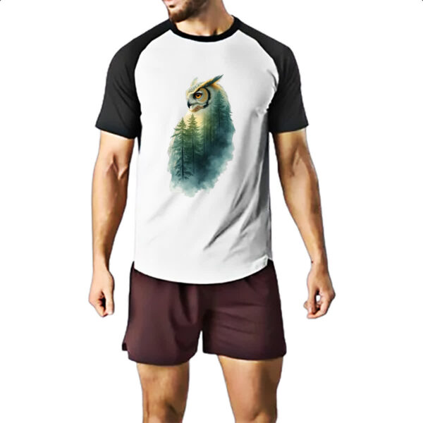 Camiseta Raglan Coruja e Floresta dupla exposicao - Imagem 2