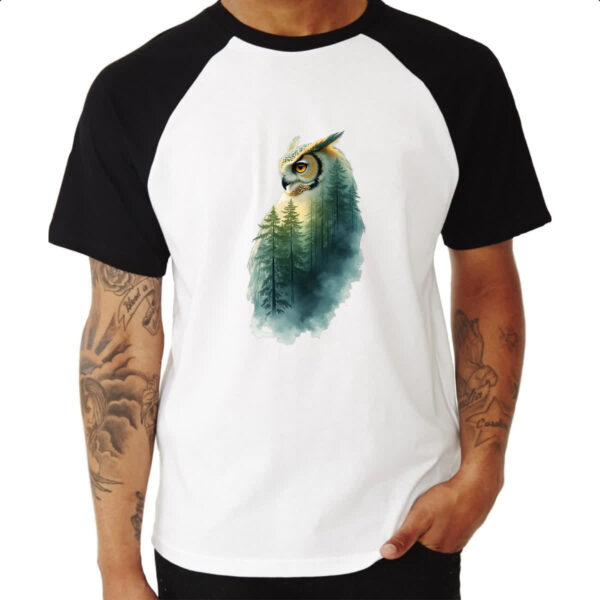 Camiseta Raglan Coruja e Floresta dupla exposicao - Imagem 3