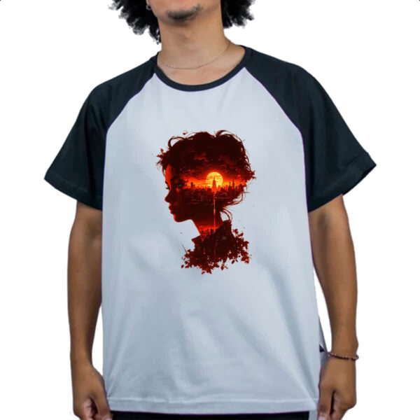 Camiseta Raglan Silueta feminina sunset red art - Imagem 4