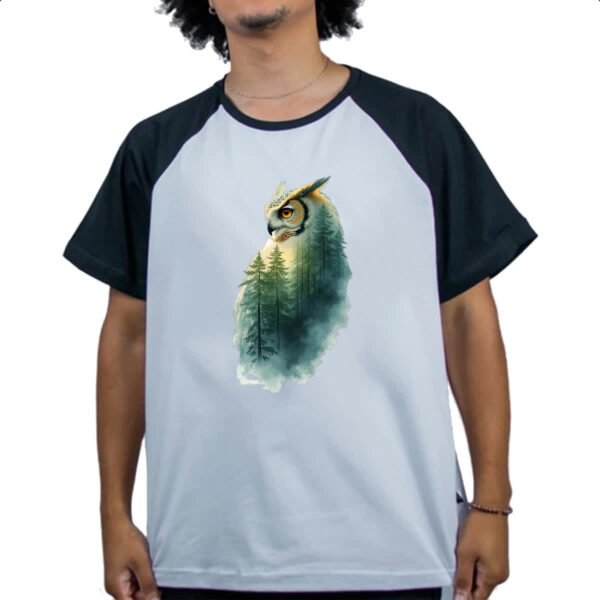 Camiseta Raglan Coruja e Floresta dupla exposicao - Imagem 4