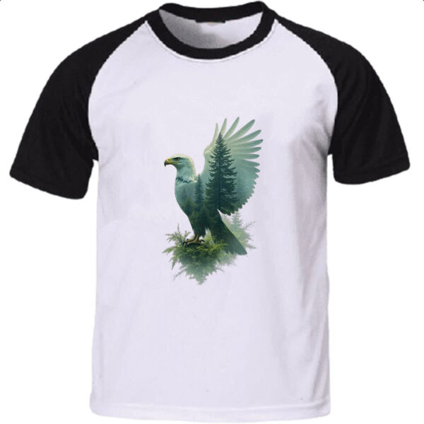 Camiseta Raglan Aguia e Floresta dupla exposicao