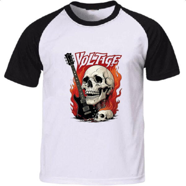 Camiseta Raglan Caveira rock guitarra voltage