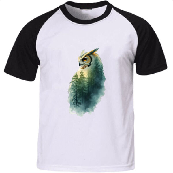 Camiseta Raglan Coruja e Floresta dupla exposicao