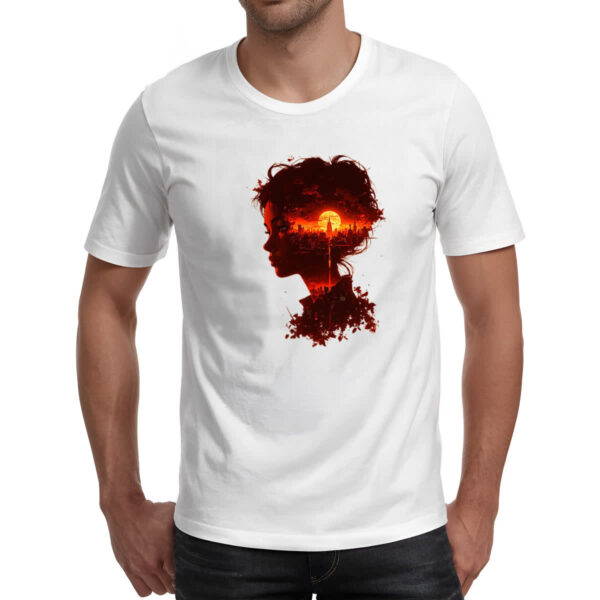 Camiseta Unissex Silueta feminina sunset red art - Imagem 2