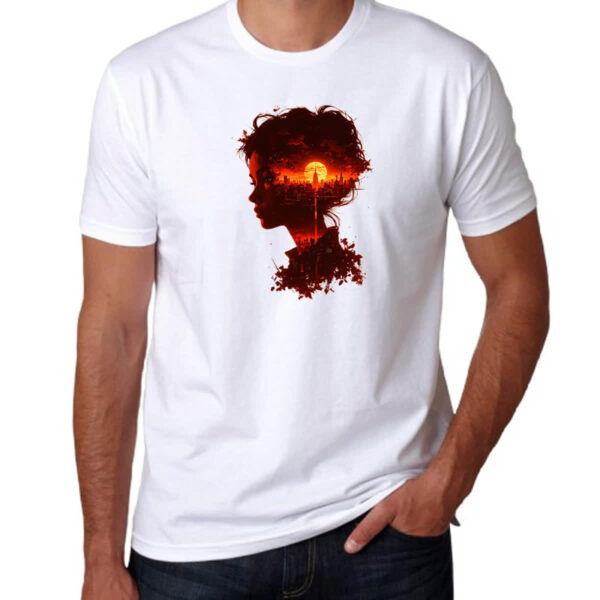 Camiseta Unissex Silueta feminina sunset red art - Imagem 3