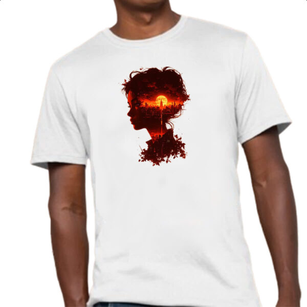 Camiseta Unissex Silueta feminina sunset red art - Imagem 4