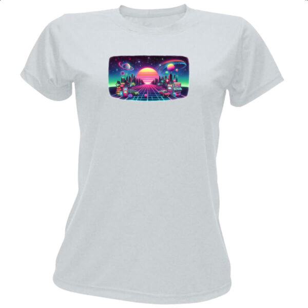 Camiseta Baby Look Nostalgia anos 80 neon