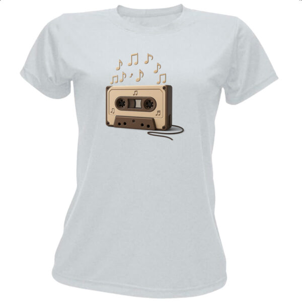 Camiseta Baby Look Retro Fita K7 notas musicais