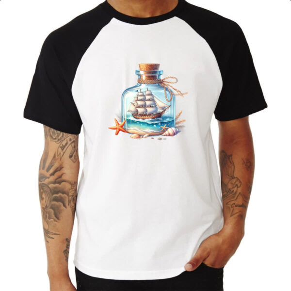 Camiseta Raglan Navio na garrafa travel art - Imagem 3