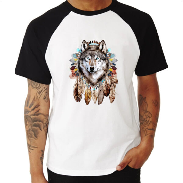 Camiseta Raglan Lobo Nativo Americano - Imagem 3