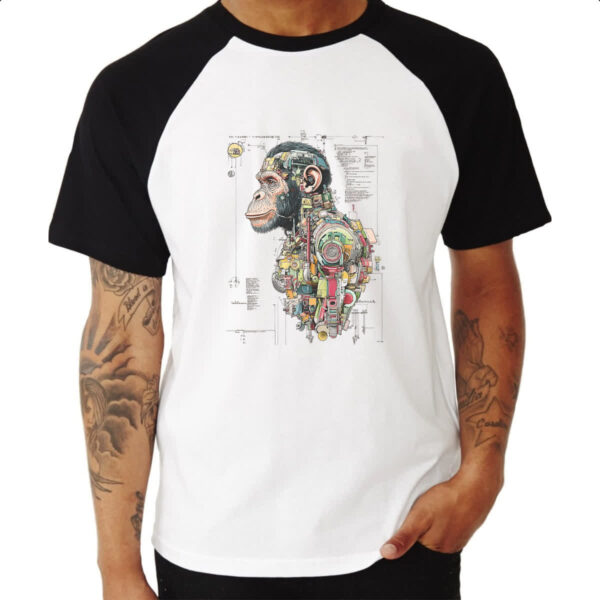 Camiseta Raglan Chimpanze Mecanica Interna Cyberpunk - Imagem 3