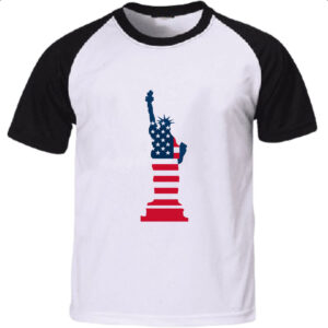 Camiseta Raglan Estatua Liberdade Silhueta Bandeira EUA