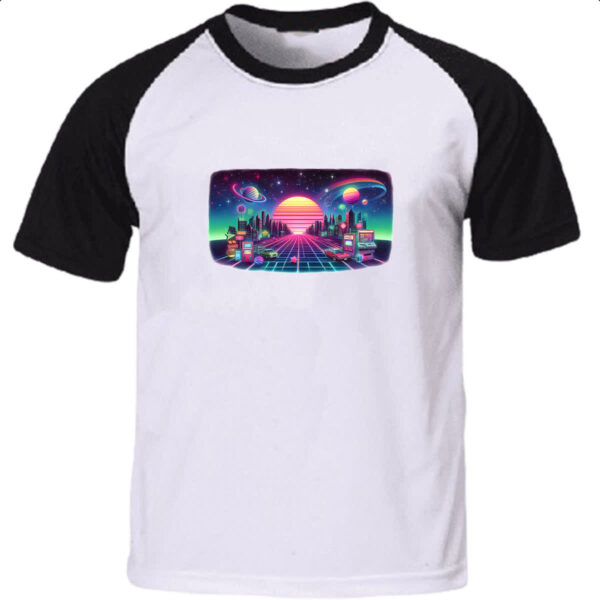 Camiseta Raglan Nostalgia anos 80 neon
