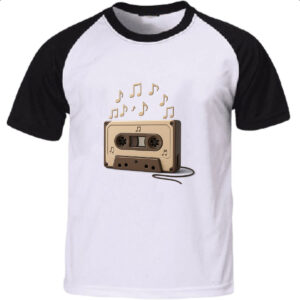 Camiseta Raglan Retro Fita K7 notas musicais