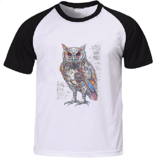 Camiseta Raglan Coruja Mecanica Interna Cyberpunk