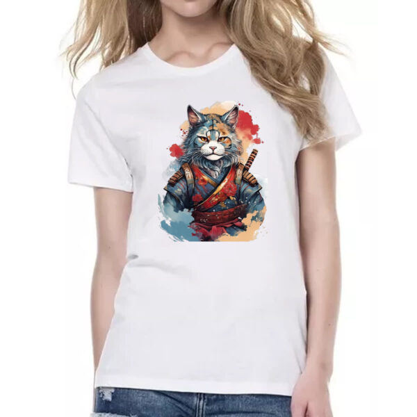 Camiseta Baby Look Gato samurai Watercolor Arte - Imagem 2