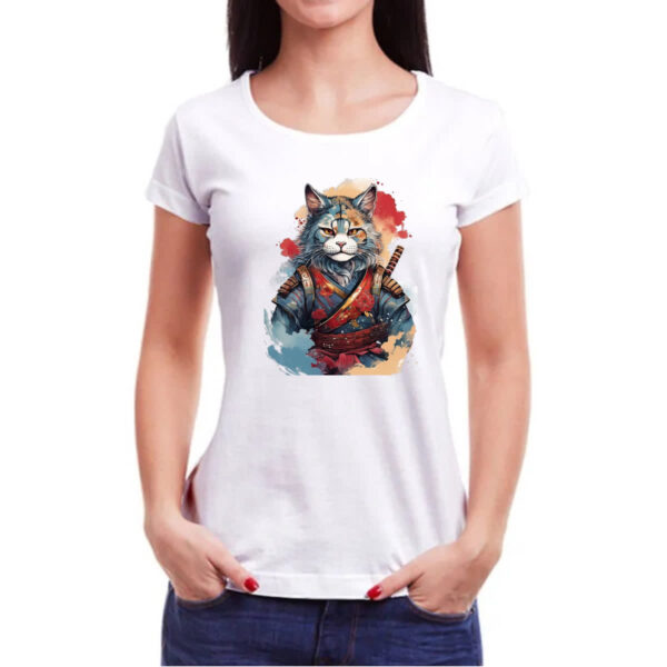 Camiseta Baby Look Gato samurai Watercolor Arte - Imagem 3