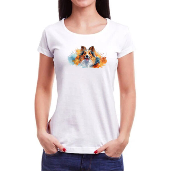 Camiseta Baby Look Pastor-de-shetland Watercolor Arte - Imagem 3