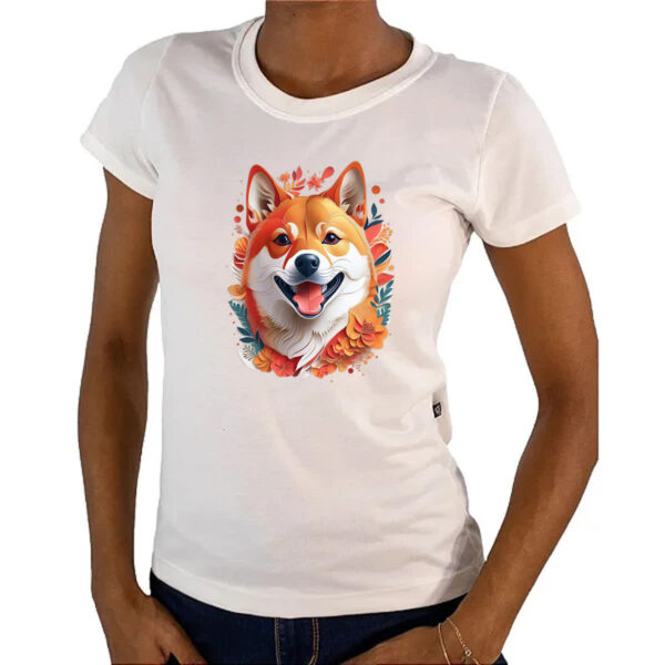 Camiseta Baby Look Shiba Inu Watercolor Arte - Imagem 4