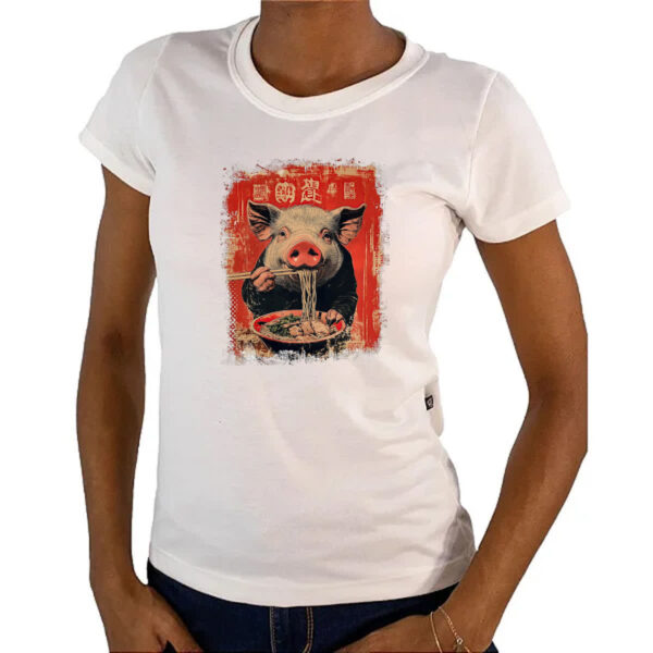 Camiseta Baby Look Porco comendo Lamen - Imagem 4