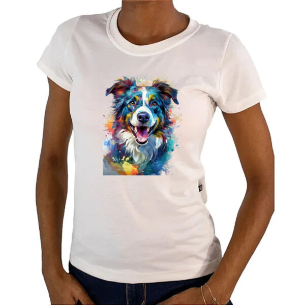 Camiseta Baby Look Border Collie Watercolor Arte - Imagem 4