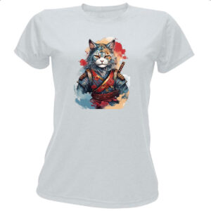 Camiseta Baby Look Gato samurai Watercolor Arte