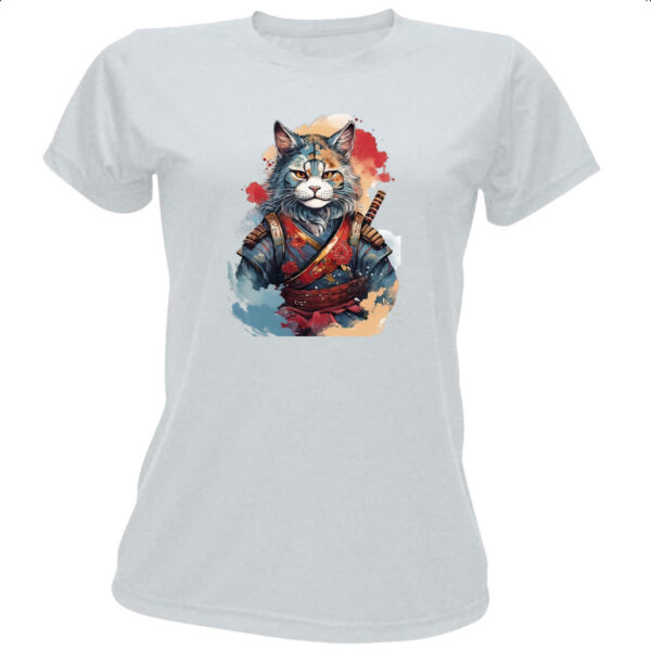 Camiseta Baby Look Gato samurai Watercolor Arte